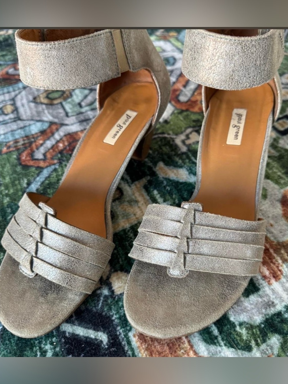 Paul Green Metallic Gray Suede Strappy Block Heels